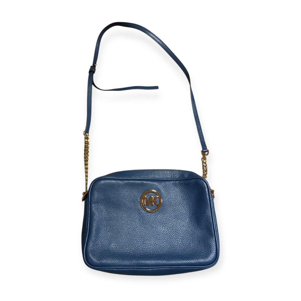 Michael Kors Fulton Crossbody Jet Set Camera Bag Navy Pebble Leather Y2K Vintage